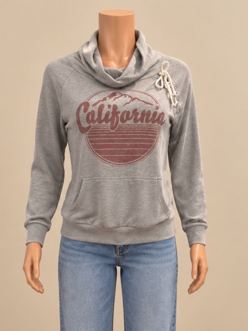 OOTDFash California Gray Cowl Neck Lace Up Graphic Pullover Sweatshirt Small